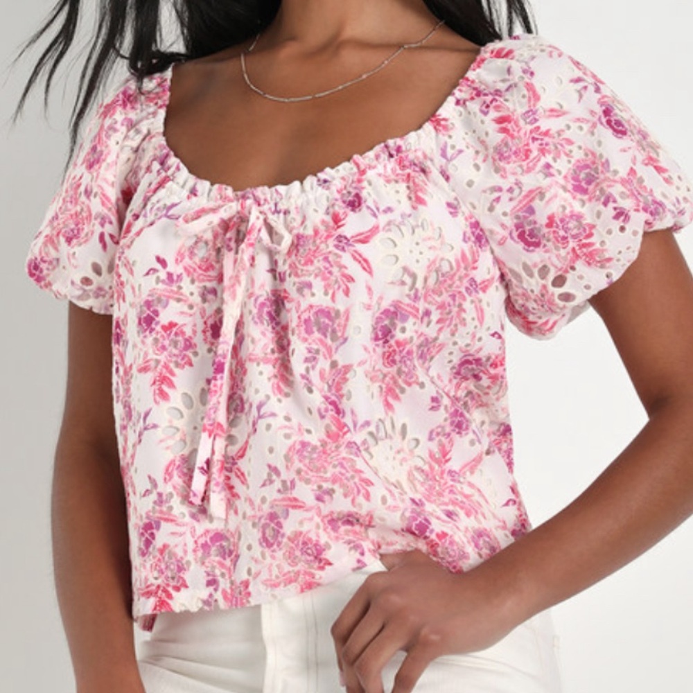 Sweetest Ever Ivory and Pink Floral Print Puff Sleeve Eyelet Top - Lulu’s Size S